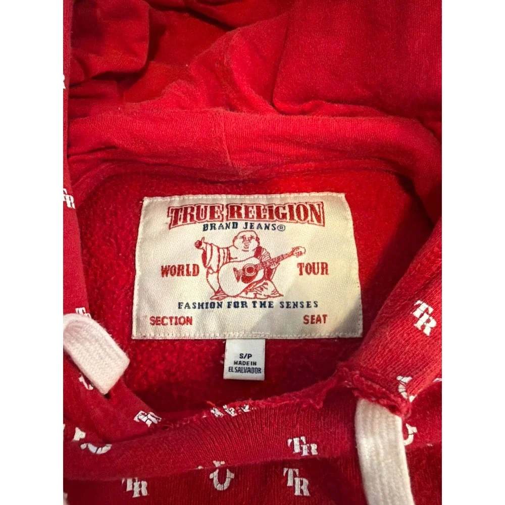 True Religion Mens Red Monogram Horseshoe All Over Print Pullover Hoodie Y2K